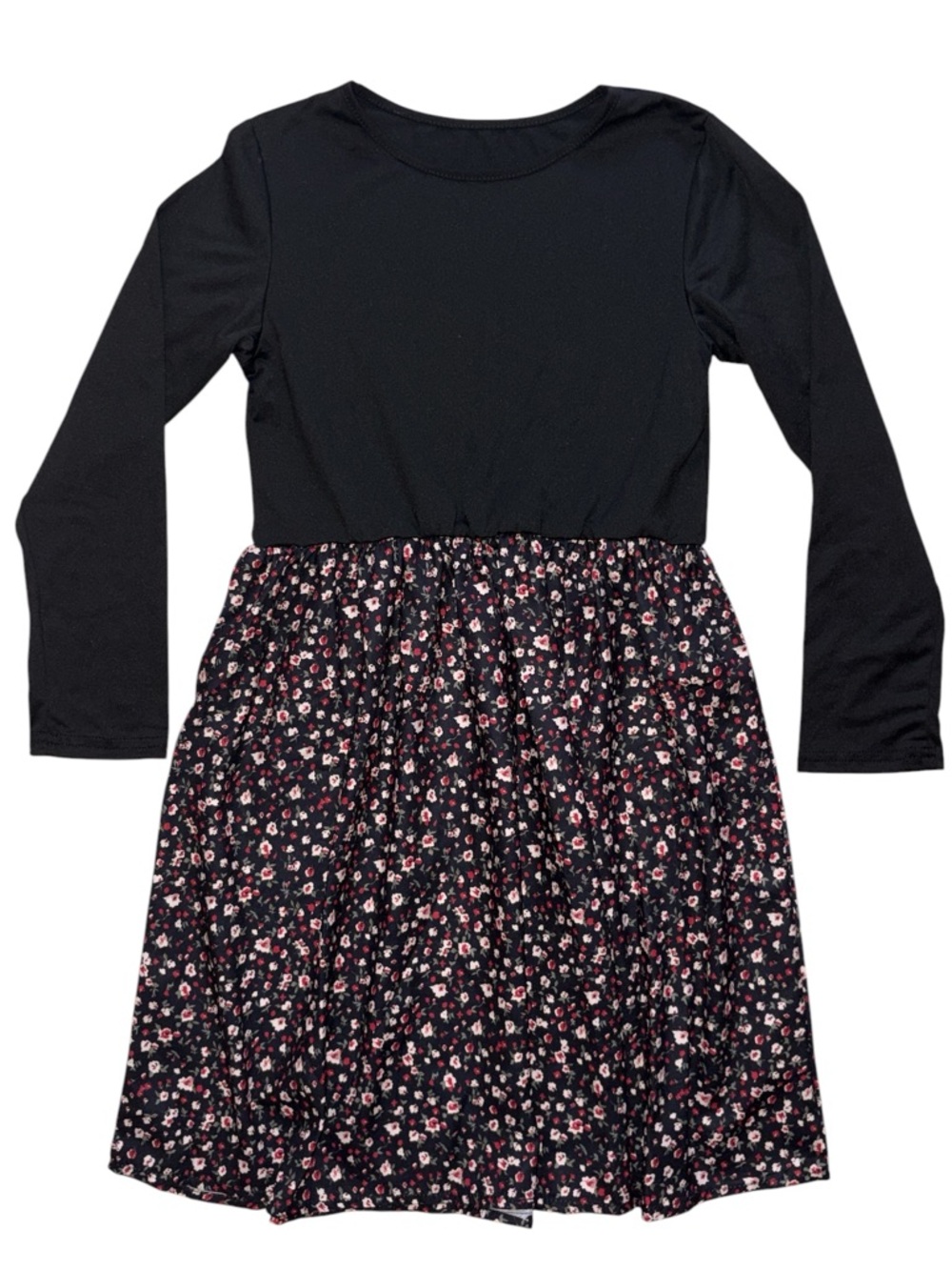 Girls' Black Long-Sleeve Floral Waist Dress